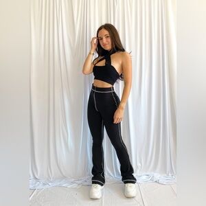 Black Ribbed Knit Flare Pants